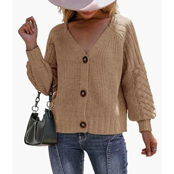 Camel Chunky Cable Knit Button Down Oversized Long Sleeve Sweater Cardigan Top - Picture 5 of 7